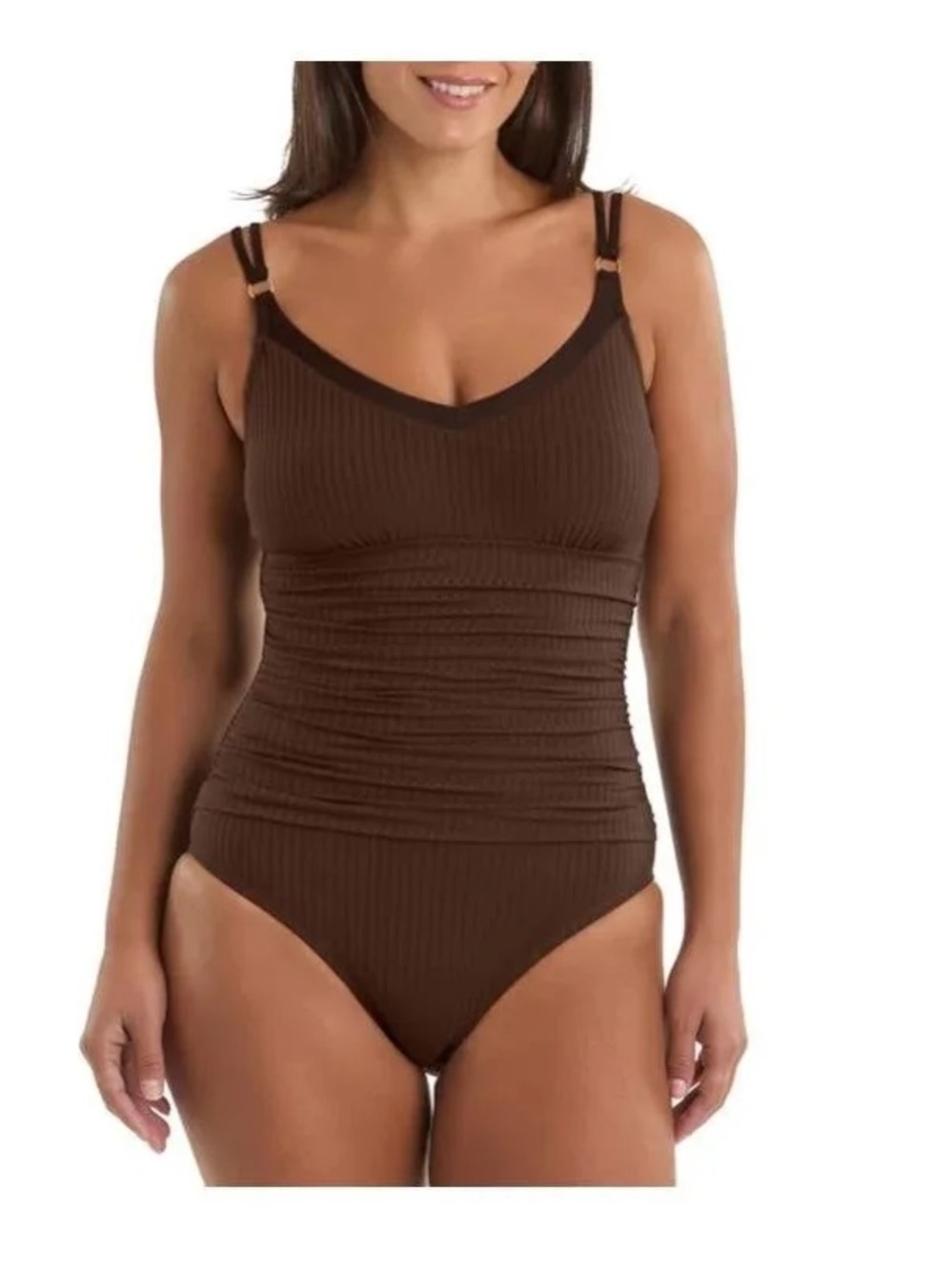 Ellen Tracy Women's Brown Ribbed One-Piece Swimsuit - NWT - Small